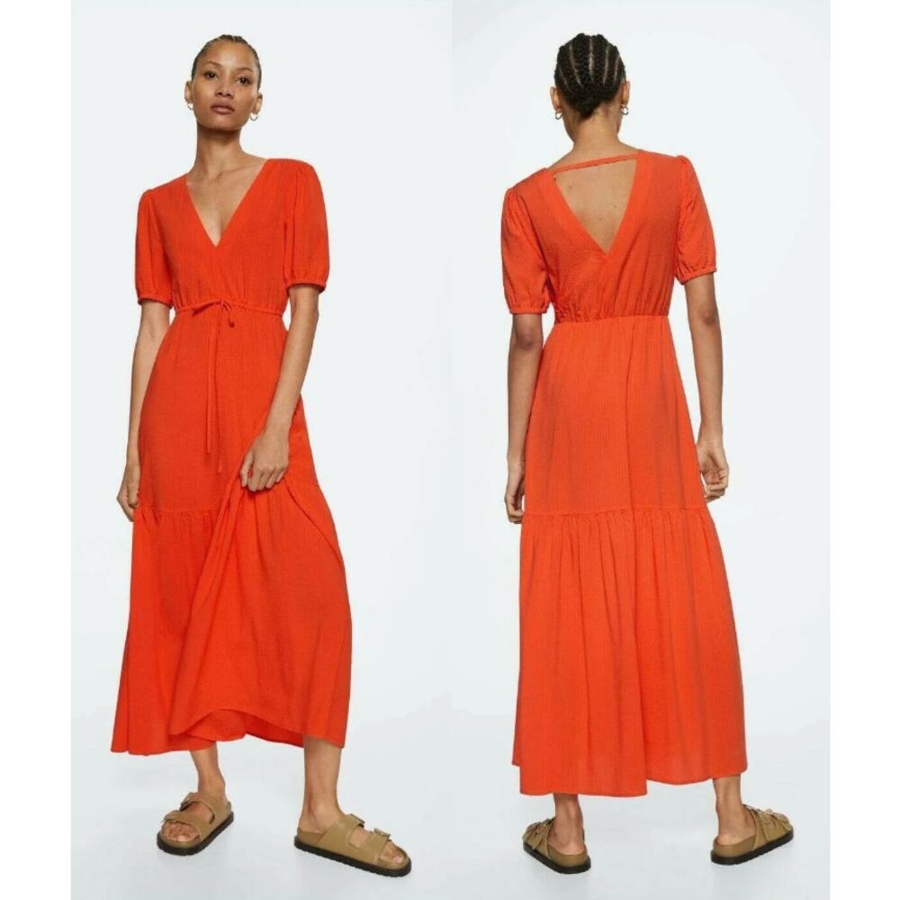 Mango NEW Reddish-Orange Viscose & Cotton V-Neck Short Sleeve Maxi Dress US 20